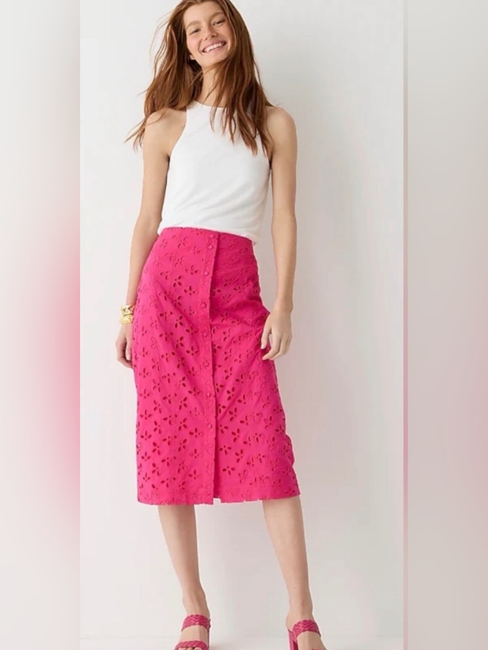 Bright Pink Eyelet Midi Skirt - Women's $138 sz 6